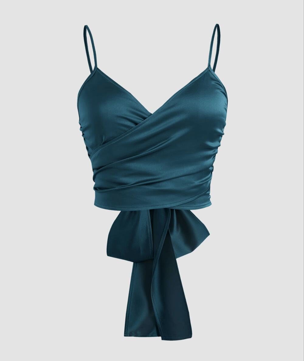 Sz 8 NWT Cider Wrap Blouse Blue Satin Cross Front Tie Back Crop Tank Top